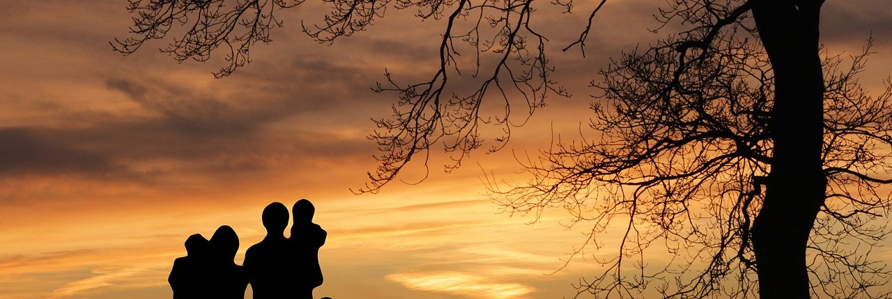 The silhouette of a family standing by a tree at sunset