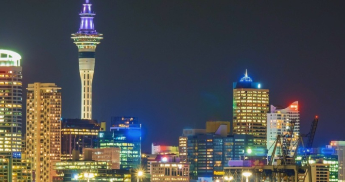 The illuminated skyline of downtown Auckland, New Zealand at night